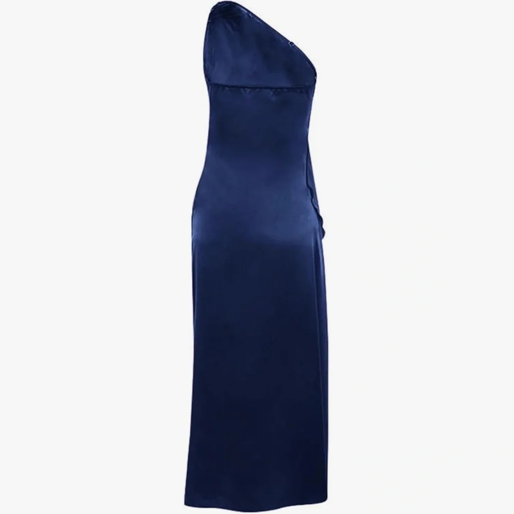 One Shoulder Sleeveless Dress Ruched Ruffle Maxi Dress Split Long Party Dress - Picture 3 of 9